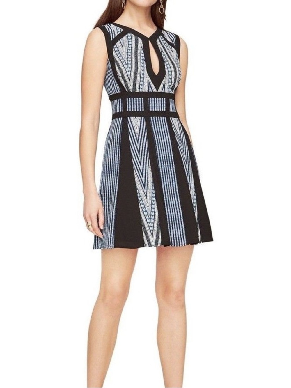 BCBGMaxAzria Black and Light Blue Patterned Fit-and-Flare Mini Dress